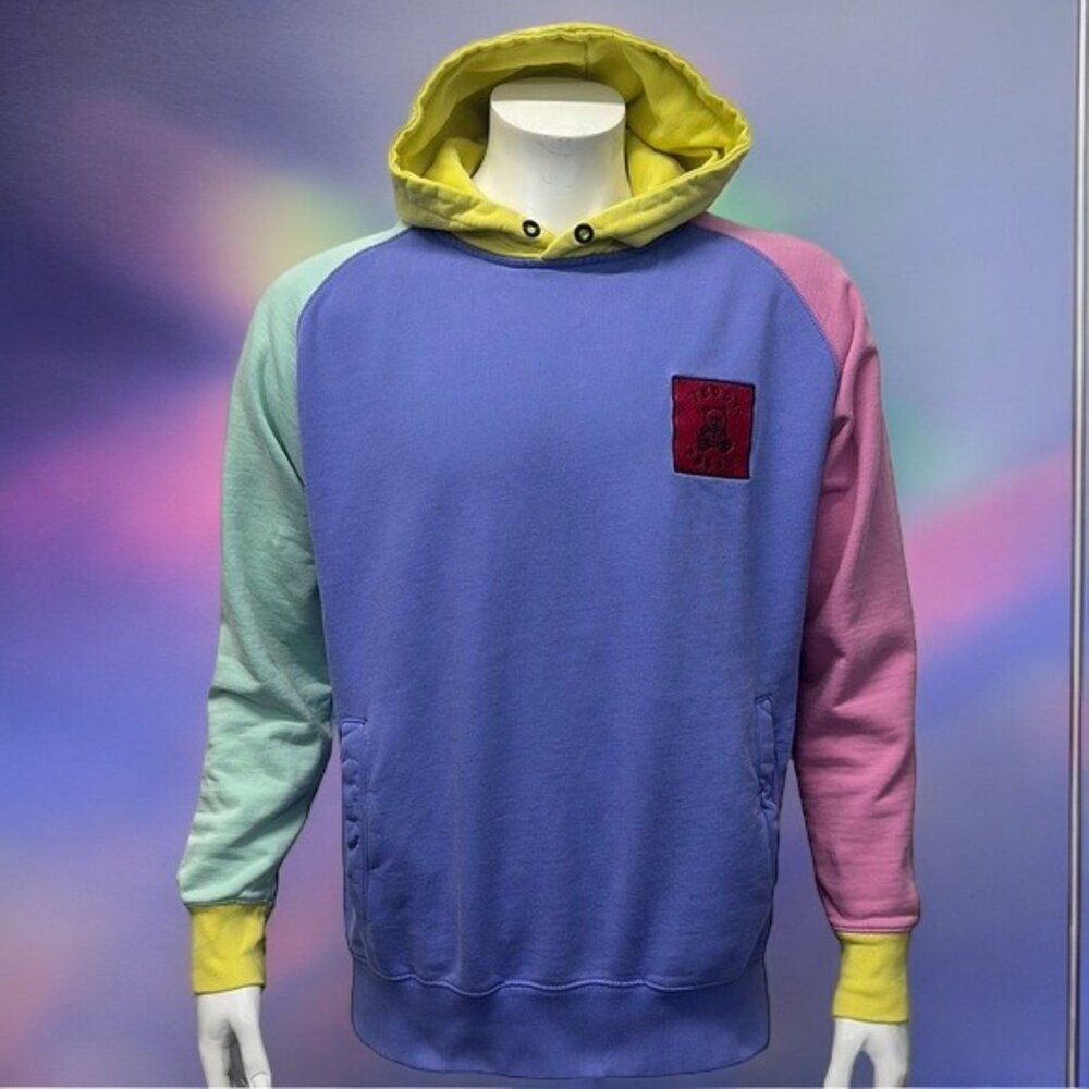 Teddy Fresh Pastel Color Block Purple Pink Yellow Green Hoodie Sweatshirt Large
